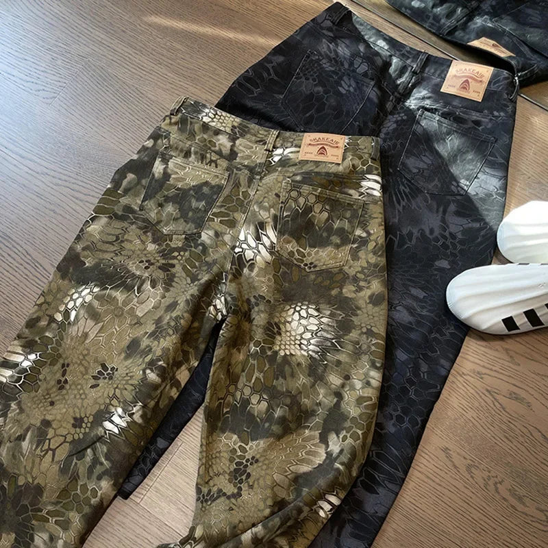 New Men Chic Snake Print Streetwear Jeans Male Designer Brand Casual Denim Pants Popular American Graphic Hip Pop Denim Trousers