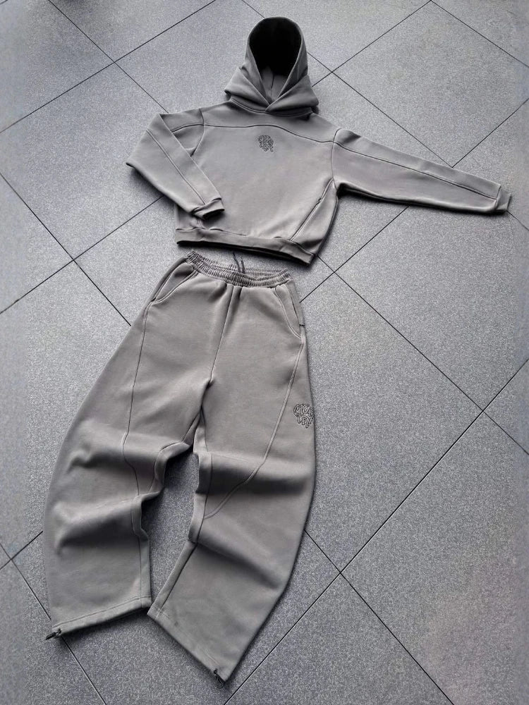 HOUZHOU Vintage Casual 2 Piece Sets Women Embroidery Gray Loose Pant Sets American Retro Streetwear Oversized Classic Pant Sets
