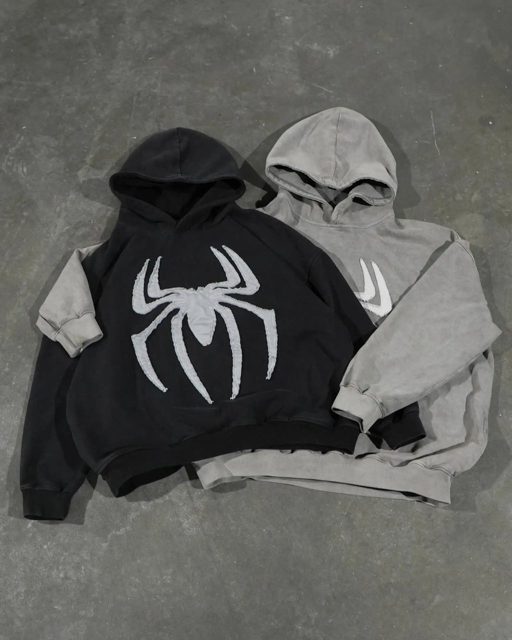 Grey Black Gothic Big Spider Pattern Patchwork Hooded Pullover Y2k Retro Loose Men Women Hip Hop Hoodie Jacket Street Sweatshirt