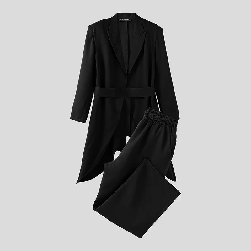INCERUN Men Sets Solid Color Lace Up Long Sleeve Long Style Blazer & Pants Two Pieces Sets Streetwear Loose Casual Men's Suits