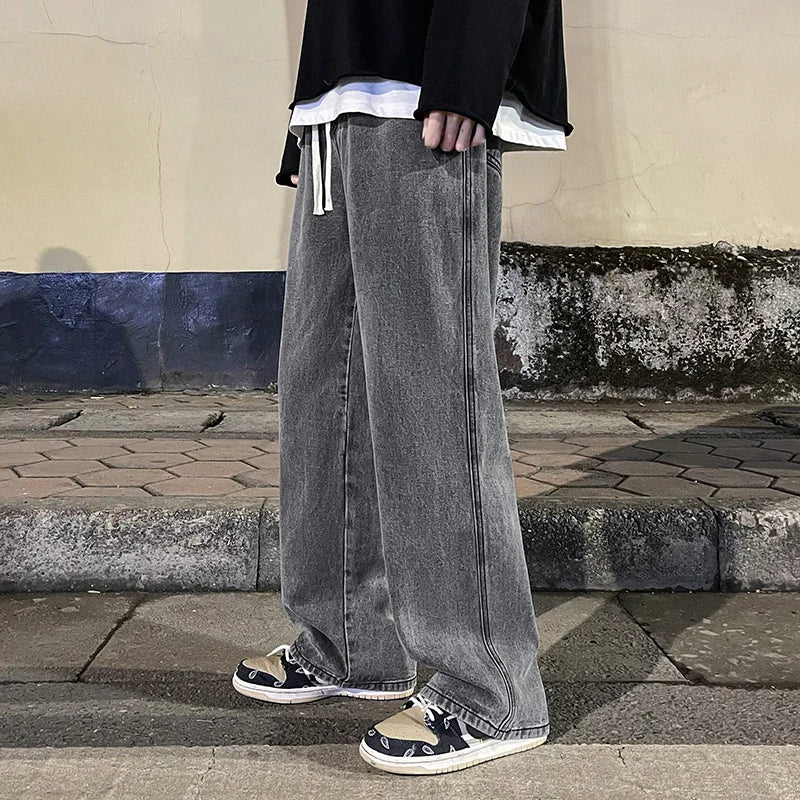 Korean Fashion Classic Jeans Men's Four Seasons Loose Straight Wide Leg Pants Street Hip-Hop Baggy Student Unisex Pants