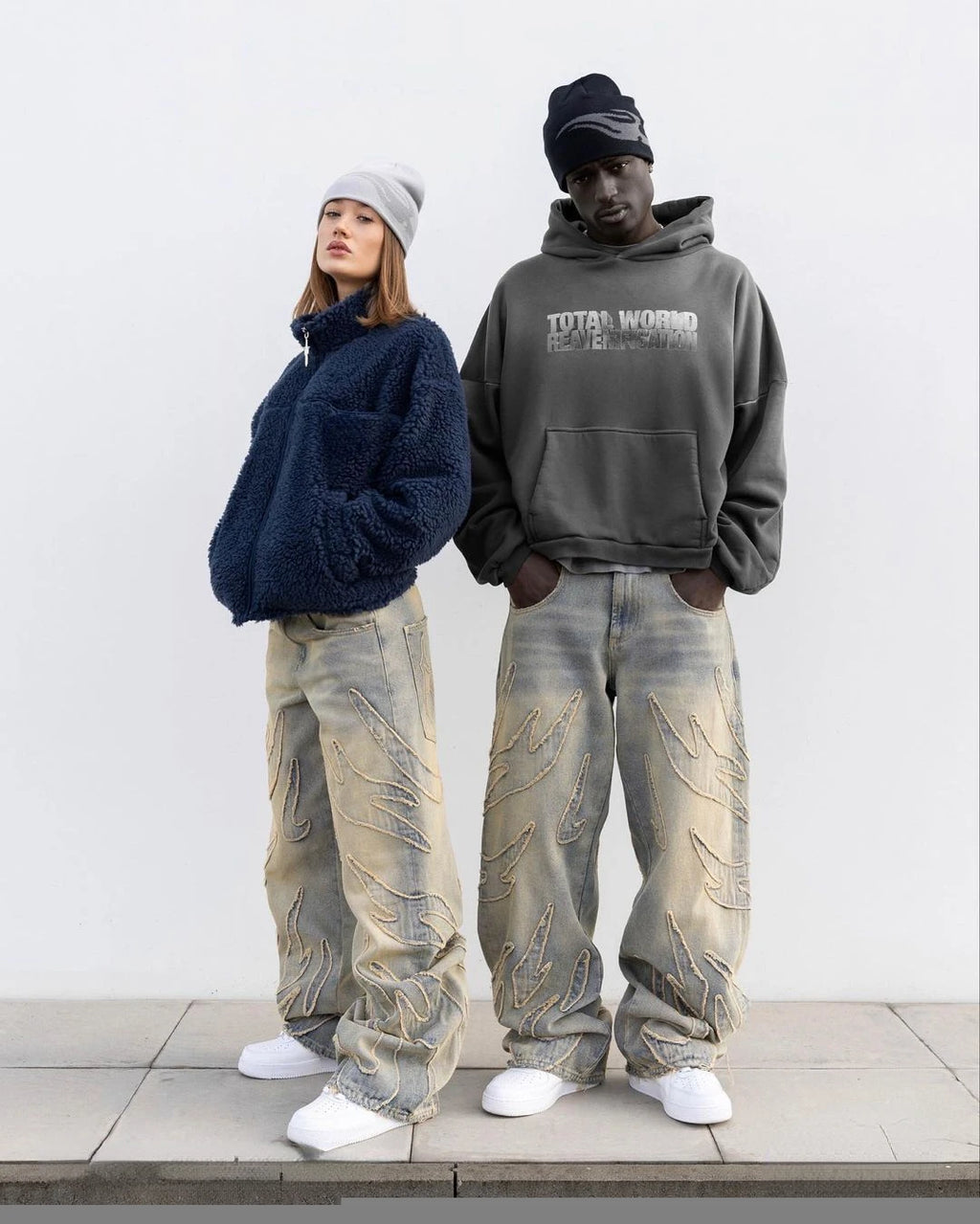 Y2k Retro Gothic Streetwear Raw Edge Embroidery Patchwork Baggy Jeans Men Fashion Hip Hop High Waist Denim Pants Ripped Jeans