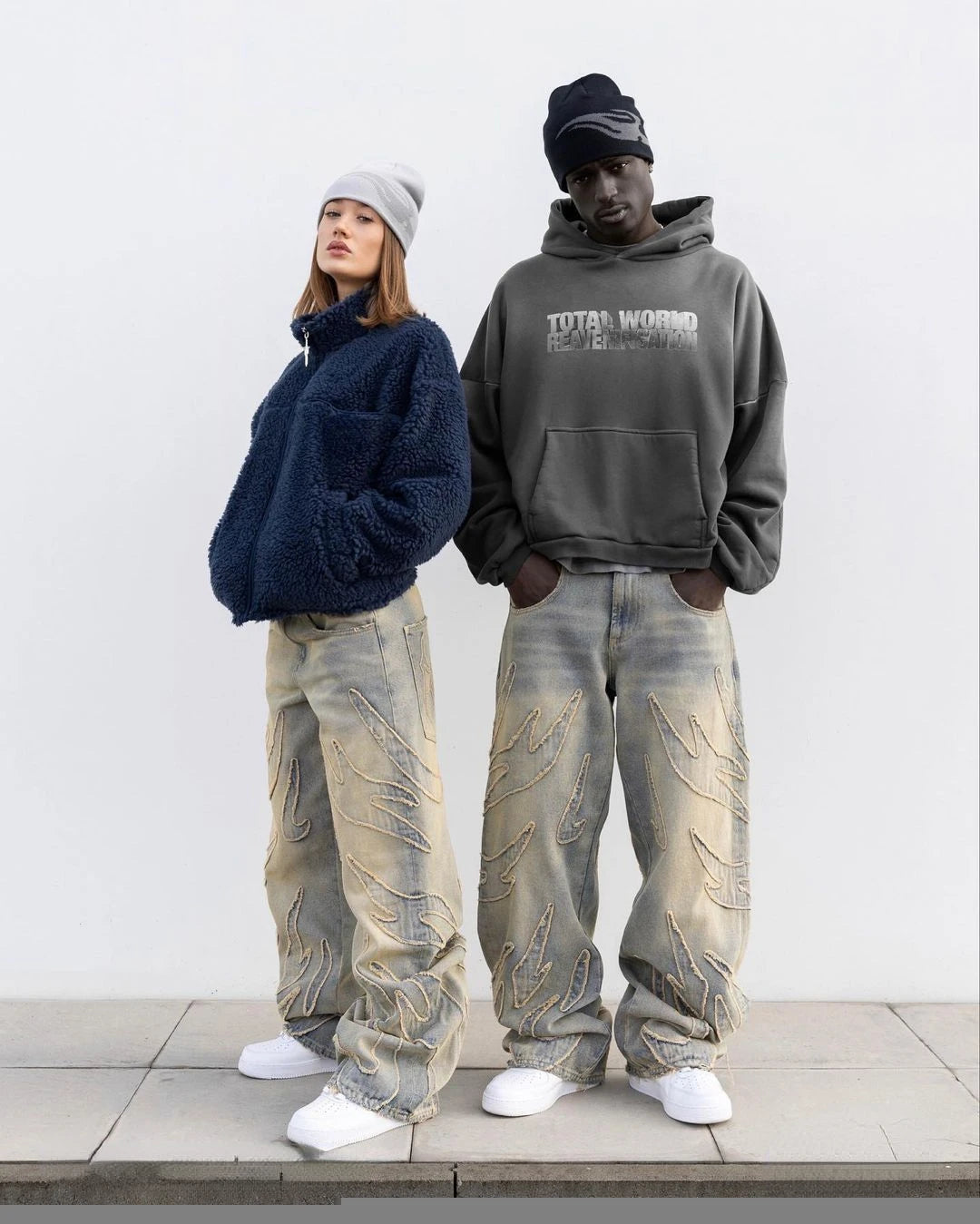 Y2k Retro Gothic Streetwear Raw Edge Embroidery Patchwork Baggy Jeans Men Fashion Hip Hop High Waist Denim Pants Ripped Jeans