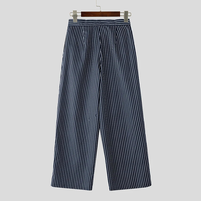 INCERUN Men Striped Pants Button Joggers Loose Casual Wide Leg Trousers Men Streetwear 2025 Fashion Leisure Long Pants S-5XL