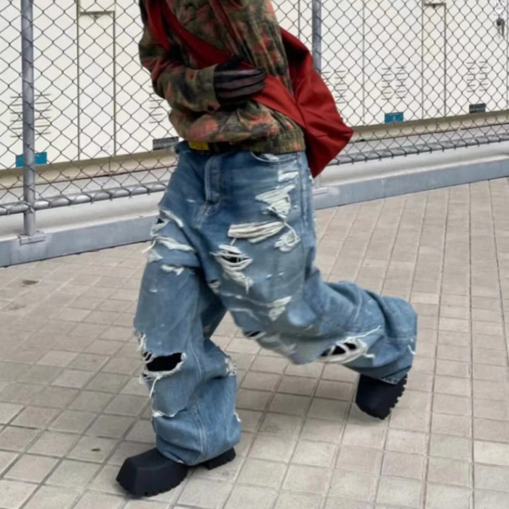 Distressed Washed Blue Baggy Wide Leg Jeans for Men and Women Frayed Casual Denim Trousers Oversized Loose Cargo Pants