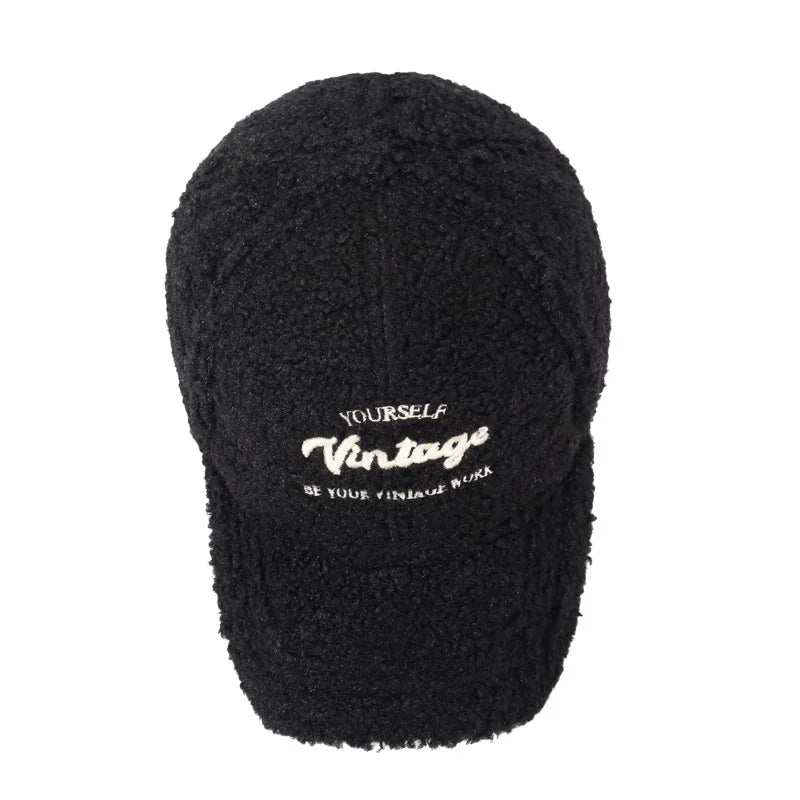 Warmth Embroidered Letter Lamb Fur Baseball Cap Women's Versatile Small Face Duckbill Cap Autumn Winter New Style Fashionable...