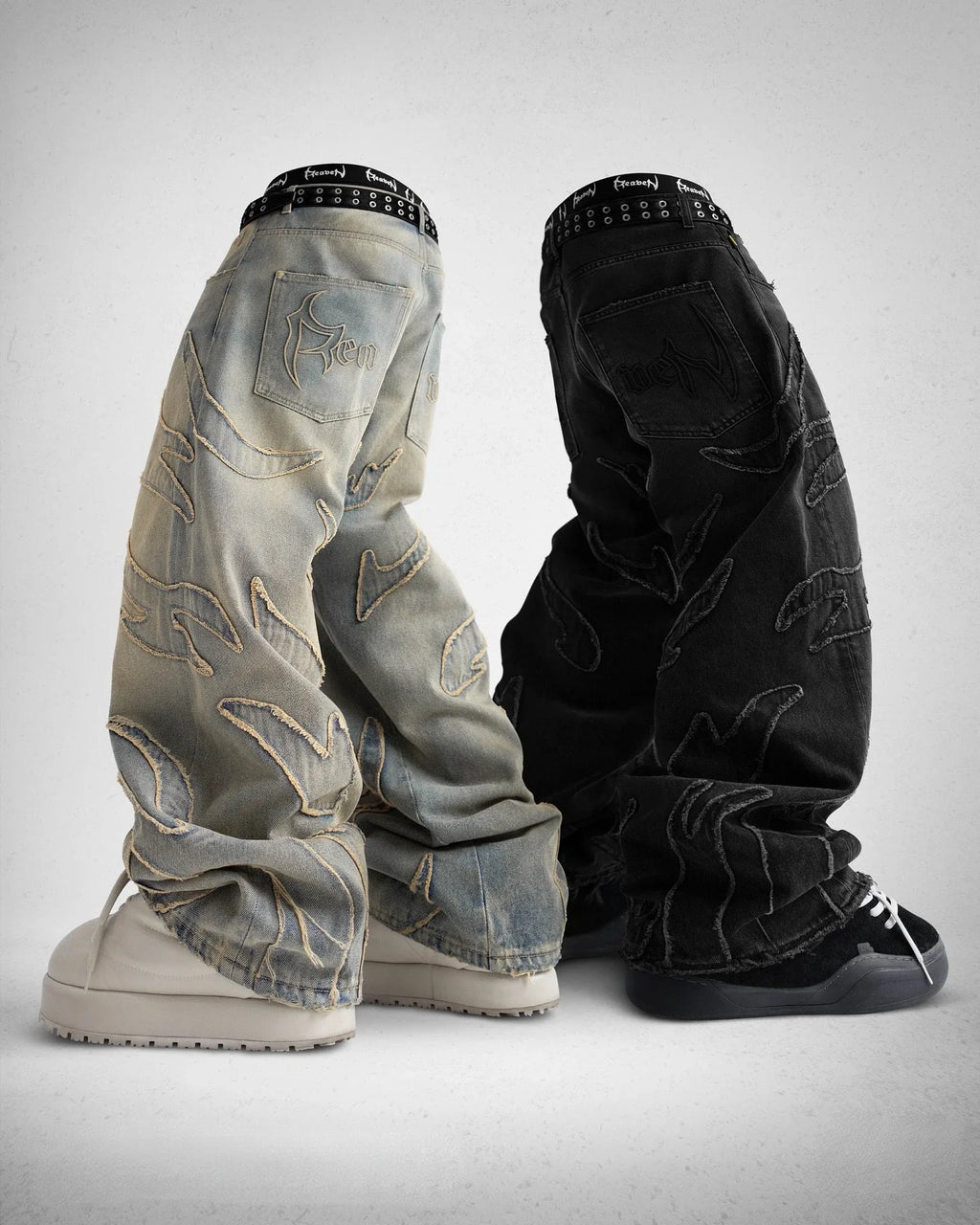 Y2k Retro Gothic Streetwear Raw Edge Embroidery Patchwork Baggy Jeans Men Fashion Hip Hop High Waist Denim Pants Ripped Jeans