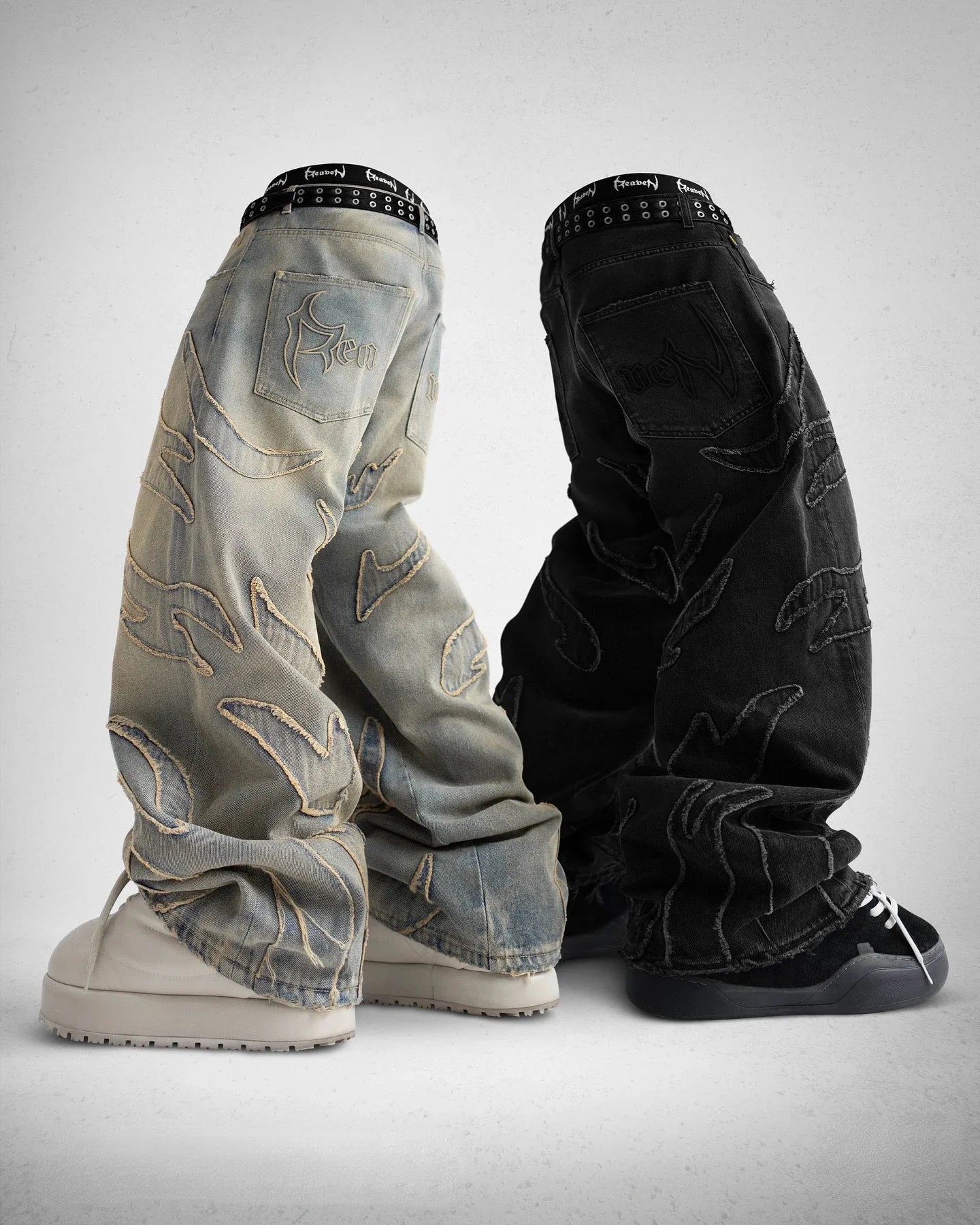 Y2k Retro Gothic Streetwear Raw Edge Embroidery Patchwork Baggy Jeans Men Fashion Hip Hop High Waist Denim Pants Ripped Jeans