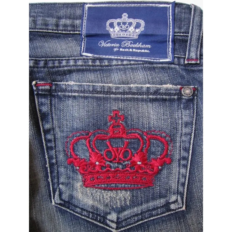 Harajuku Y2K crown graphic pocket embroidery high quality oversized jeans for women high street slim sexy casual straight pants