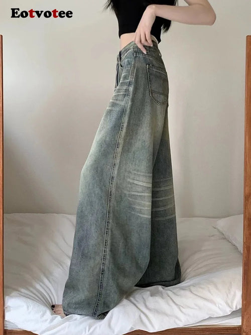 American Style Vintage Blue Wide Leg Jeans Women Y2K Fashion High Waist Baggy Washed Straight Pants 2025 New Casual Loose Jeans