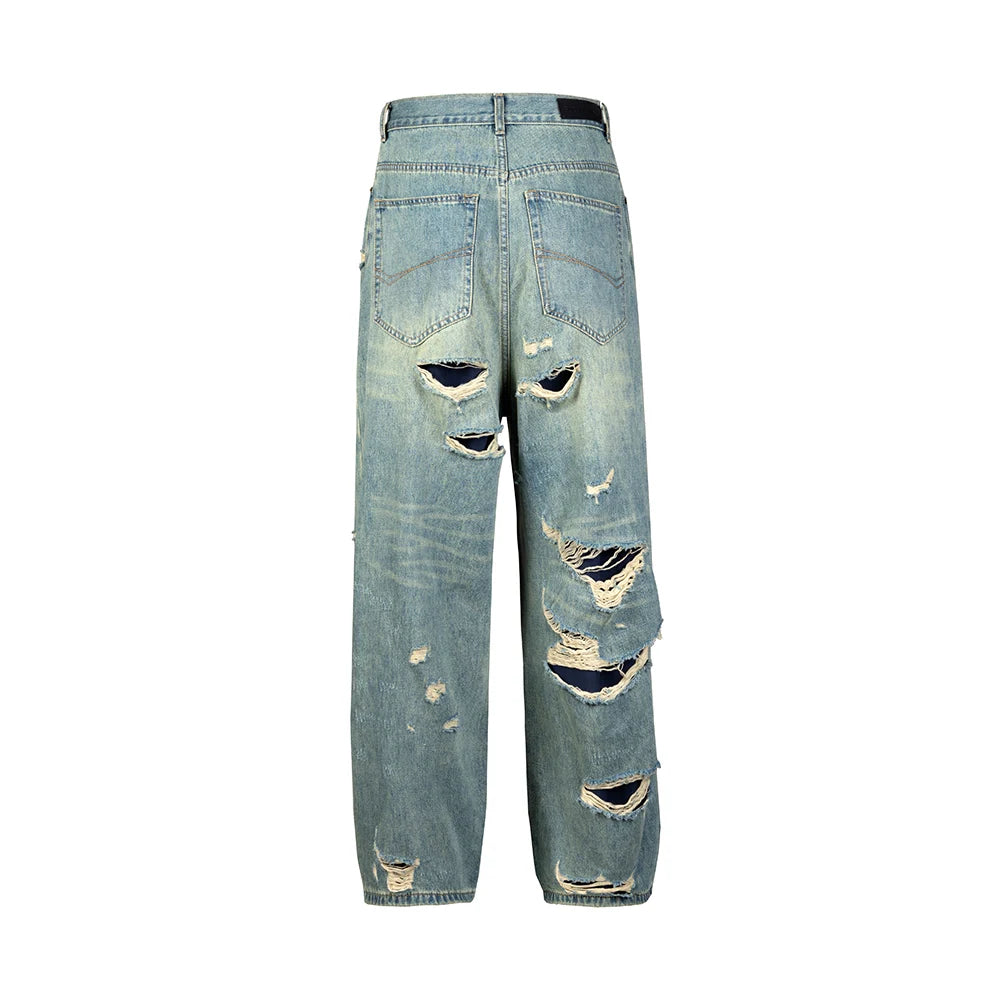 Distressed Washed Blue Baggy Wide Leg Jeans for Men and Women Frayed Casual Denim Trousers Oversized Loose Cargo Pants