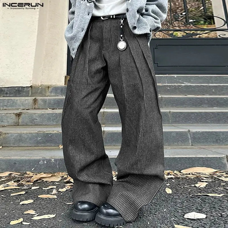 INCERUN Men Striped Pants Joggers Button Oversize Pleated Casual Wide Leg Trousers Men Streetwear Fashion Leisure Male Pants