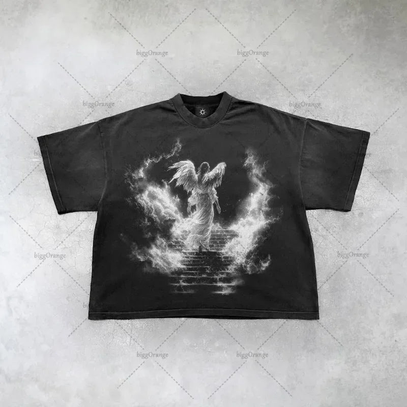 New Gothic  Streetwear Harajuku Retro Graphic Top Y2K Punk Anime Print Oversized T-Shirt Men Fashion Cotton Casual Short Sleeve