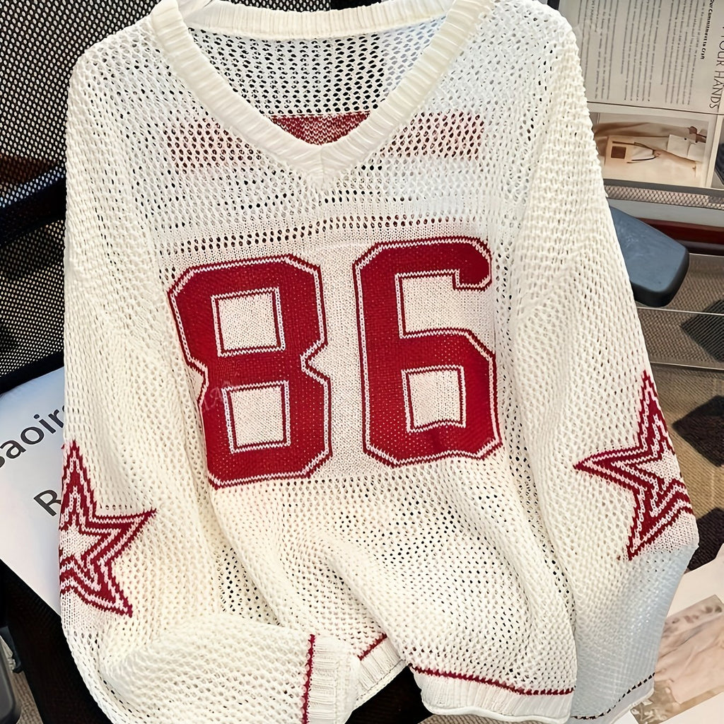 2025 New American Retro Style Solid Color V-neck Sweater | Star Print, Loose-Fit, Sun-Protective Pullover