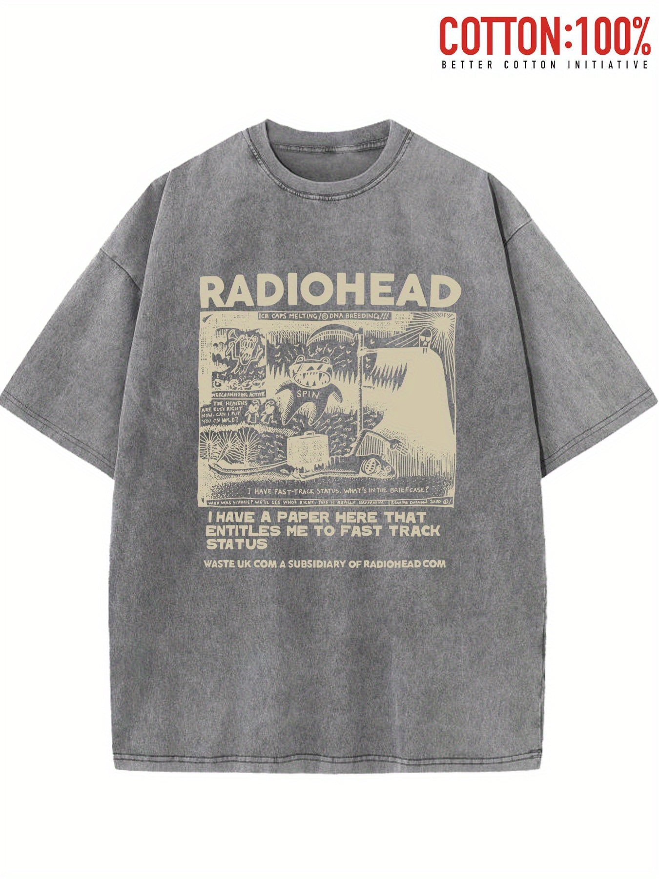 Men's casual retro washed 230g 100 cotton Light Grey T-shirt short sleeves WithRadiohead Graphic Tee Breathable and sweat-absorbing Comfortable top All seasons are suitable for machine wash festivals the perfect deliver gift