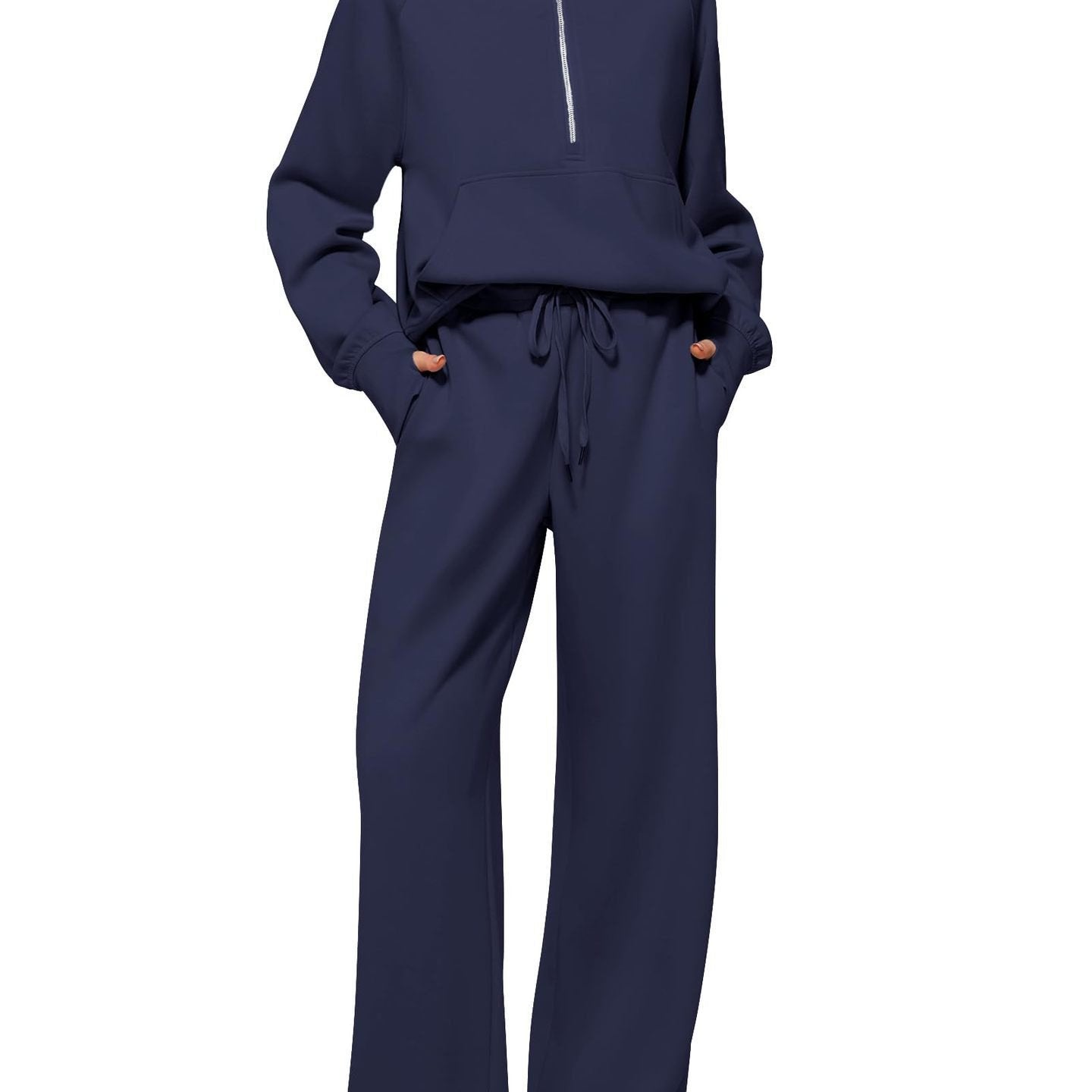 2pcss Women'S Oversized Half-Zip Sweatshirt and Wide Leg Sweatpants Set | Trendy 2pcss Matching Set, Chic Spring Sporty Outfits, Long Sleeve, Stand Collar, Pocket Details, Solid Color, Slight Stretch Fabric