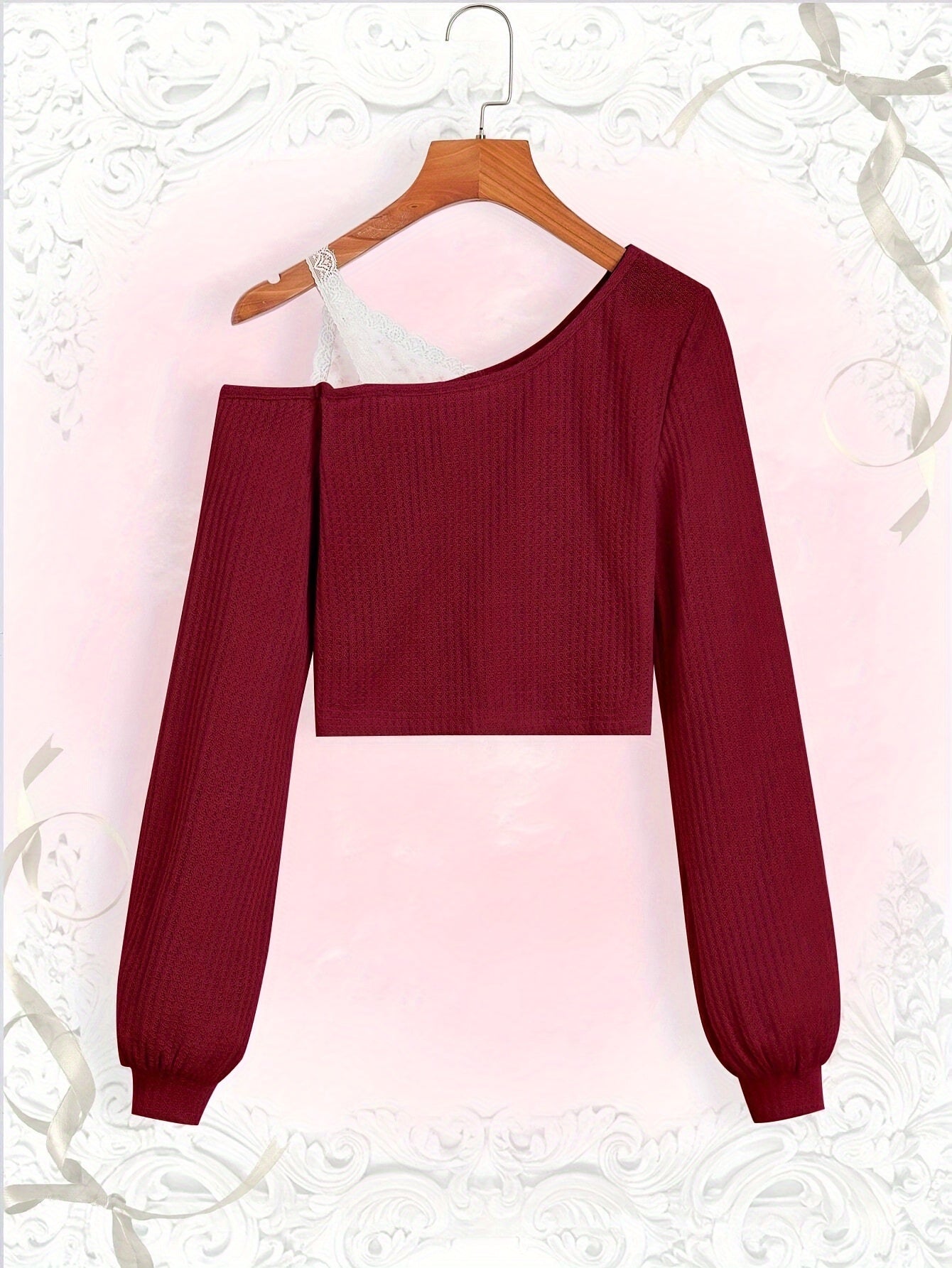 Spring and Autumn Lace Strapless Off-Shoulder Slant Collar T-shirt