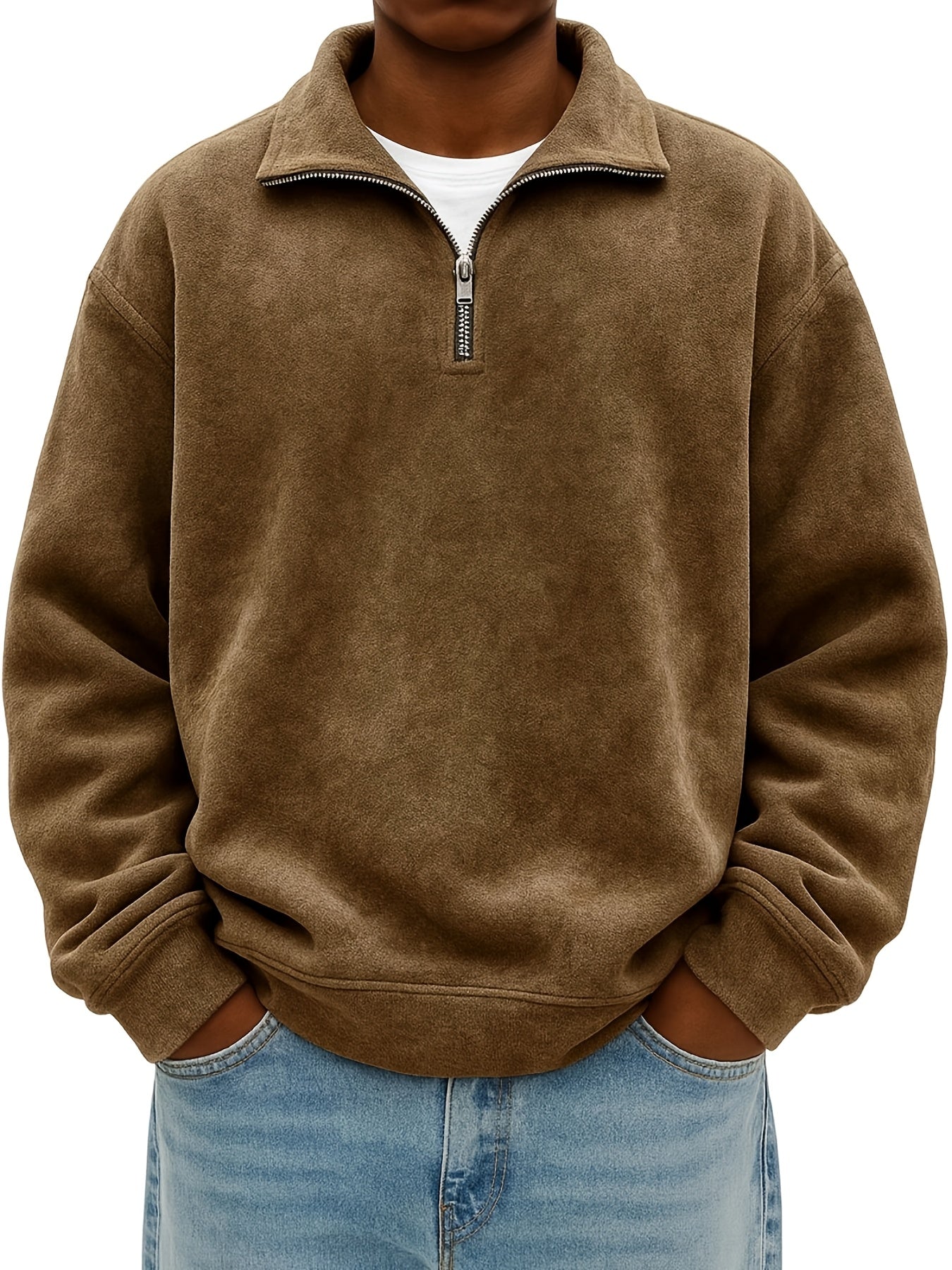 Men's Oversized Lapel Zipper  Sweatshirt - Solid Color Loose Fit Drop Shoulder Hoodie, Long Sleeve Casual Winter Sweater, Machine Washable Layering Piece for Cold Weather (Available in Multiple Colors)