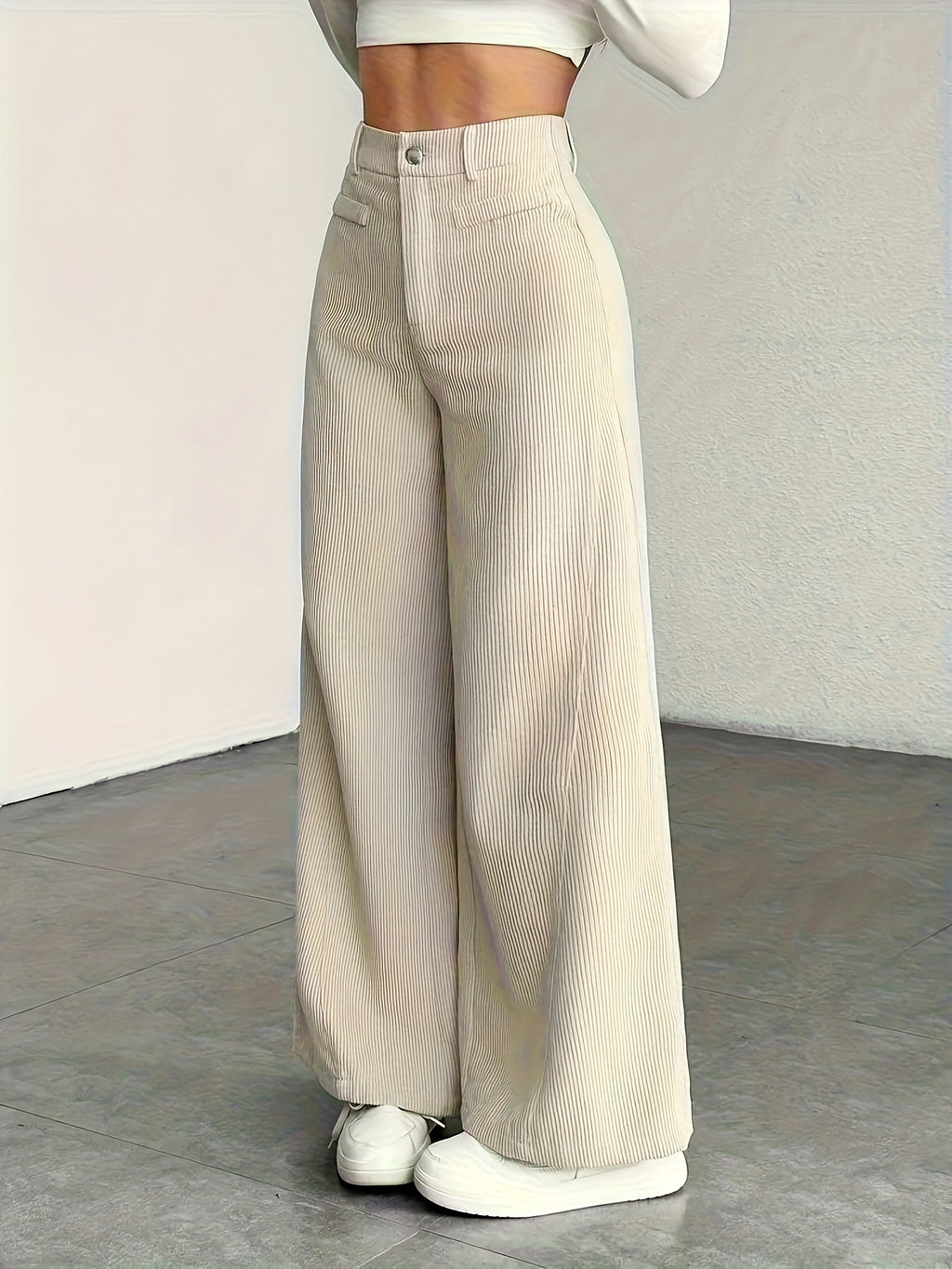 Women's High-Waisted Wide-Leg Pants - Corduroy Texture Casual Long Pants, All-Season Comfort, Machine Washable Beige Trousers