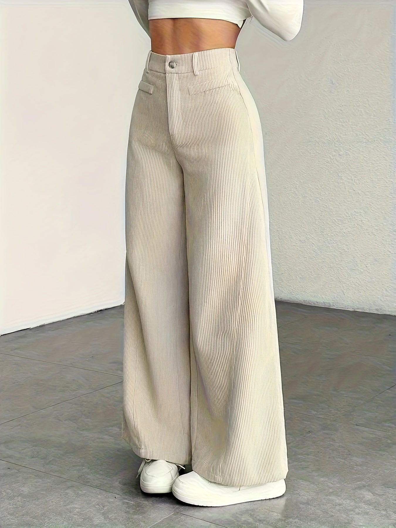 Women's High-Waisted Wide-Leg Pants - Corduroy Texture Casual Long Pants, All-Season Comfort, Machine Washable Beige Trousers