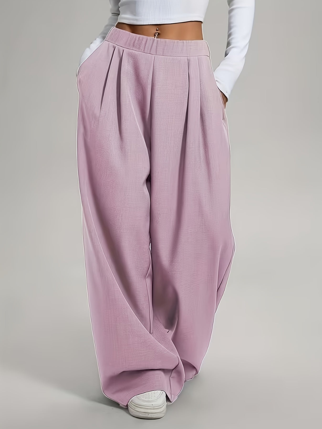 Elegant High-Waist Wide-Leg Pants | Solid Color, Long Length, Elastic Waist, Pocket Details, Suitable for All Seasons and Weekend Casual