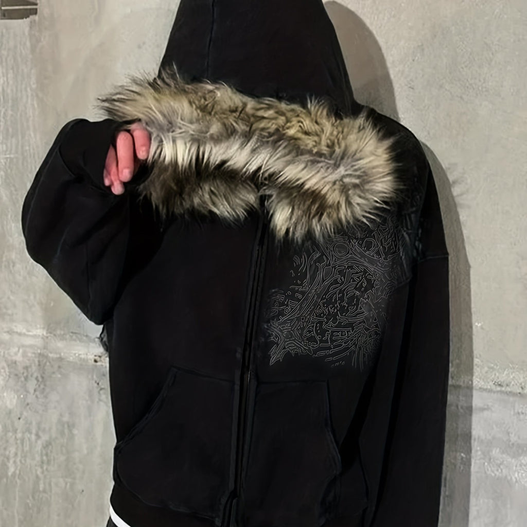 Y2K Streetwear Vintage Warm Cardigan Unisex Loose Hooded Sweatshirt Winter Fashion Furry Collar Hooded Sweatshirt Street Style Skull Print Zipper Hoodie Lucky Charm