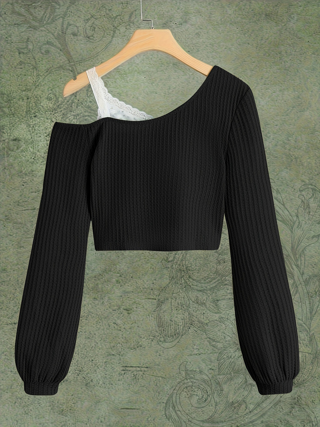 Spring and Autumn Lace Strapless Off-Shoulder Slant Collar T-shirt