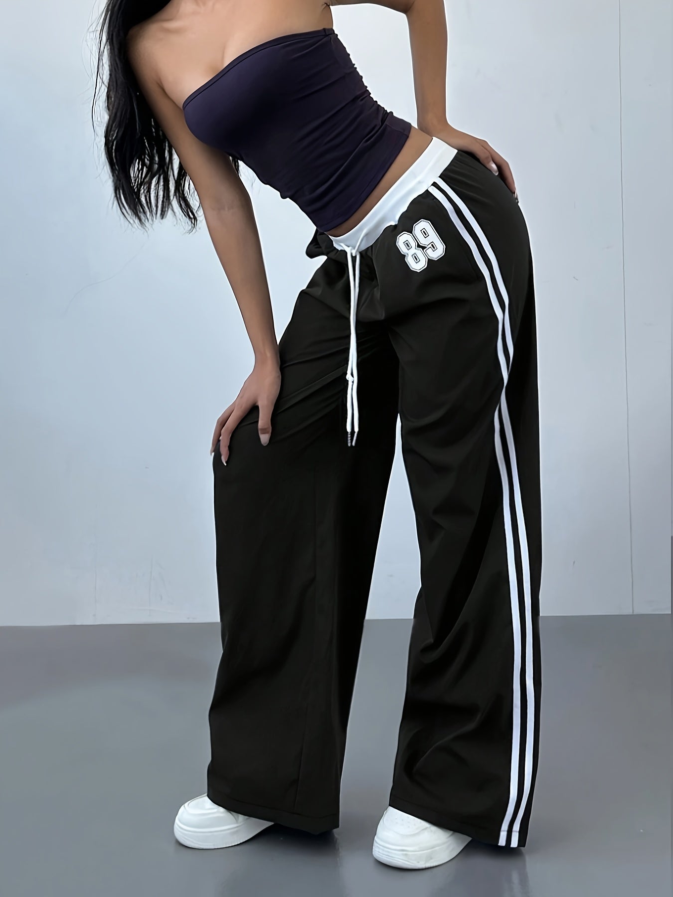 Women's Straight Leg Pants - Style All-Season Trousers with Lettering Pattern & Drawstring Waist, for Casual & Professional Wear, Machine Washable, Year-Round (Office, Everyday, Semi-Formal) - Non- Fabric