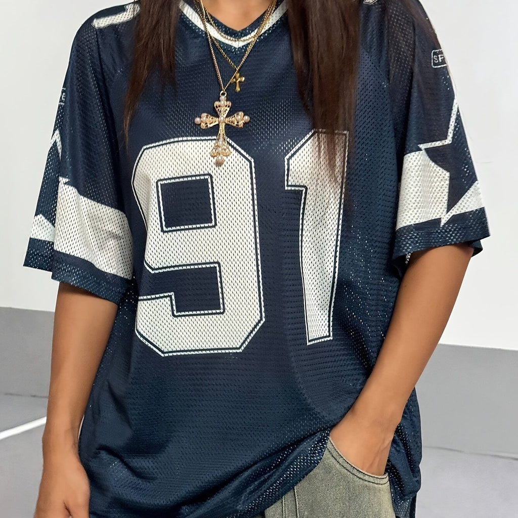 Women's Spring/summer Graphic T-shirt, Short-sleeved Loose-fit Sport T-shirt with Digital Graphics and Color-blocked Lettering