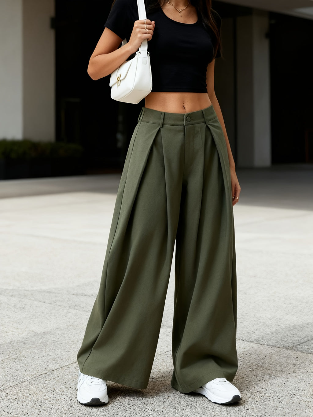 Drapey Loose Fit Wide Leg Trousers Women Mid Rise Pleated Casual Fashion Bottoms for Spring Summer Daily Wear, Office, Travel & Street Style