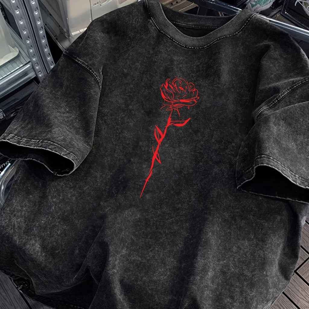 Men'S 100% Cotton Washed Casual T-Shirt with Vibrant Red Rose Print - Loose Fit, Round Neck, Short Sleeve, Summer Essential, Everyday Tshirt | Relaxed Fit Shirt | Durable Fabric, T Shirts