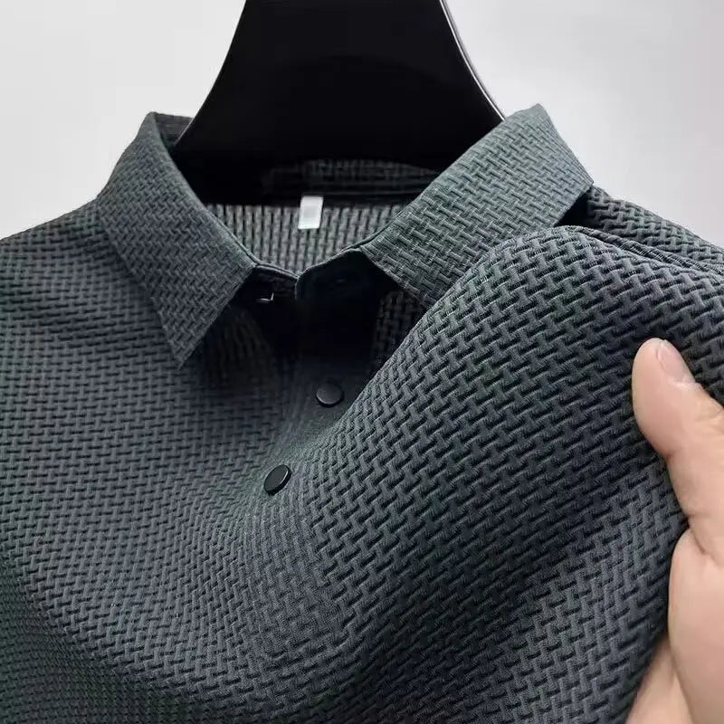 New Men's Business Casual Short Sleeved Bone Flower Solid Color POLO Shirt Fashion Breathable Comfortable Summer Versatile Top