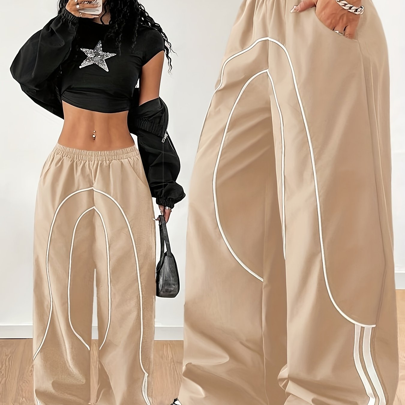 2025 New Fashion for : Back to Braided Belt, Black Wide-Leg Jogging Pants, Celebrity Style Hot Item