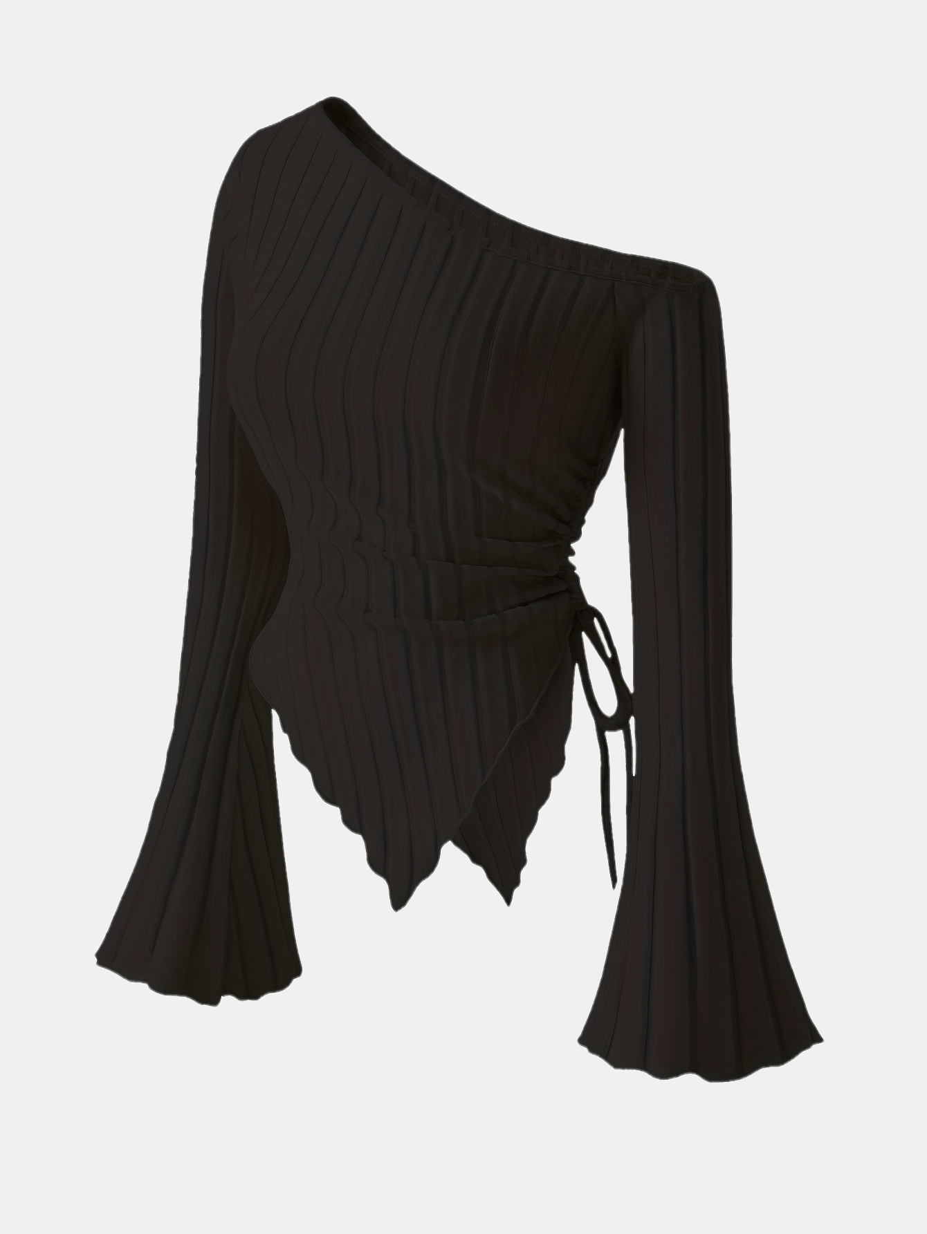 Women's Elegant Off-Shoulder Bell Sleeve T-Shirt - Asymmetrical Ribbed Top with Exposed Shoulder Design, Lightweight 3-Season Machine-Washable Solid Color Blouse for Casual & Formal Wear, Spring Summer Top, Bell Sleeve Design